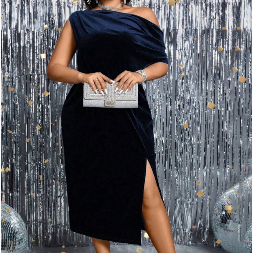 Luxe Plus Size Velvet Off One Shoulder Ruched Evening Party Holiday Dress Blue - Picture 2 of 9